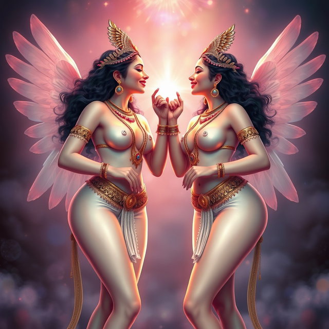 Two breathtakingly beautiful and divine Apsaras with glowing milky skin, each adorned with delicate jewelry around their necks and traditional anklets (payal) on their feet