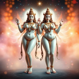 A visually striking representation of two divine Apsaras, both with a radiant milk-glow complexion