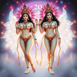 A visually striking representation of two divine Apsaras, both with a radiant milk-glow complexion
