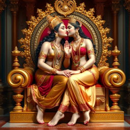A beautiful Hindu goddess with radiant, divine skin, seated elegantly on a luxurious golden throne adorned with intricate designs