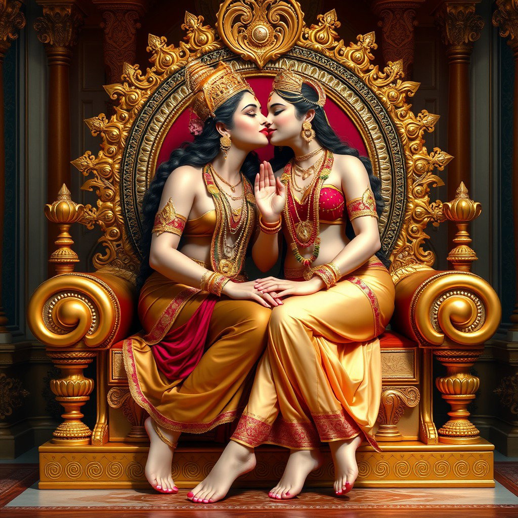 A beautiful Hindu goddess with radiant, divine skin, seated elegantly on a luxurious golden throne adorned with intricate designs