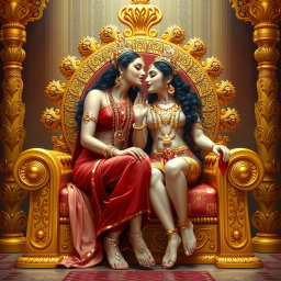 A beautiful Hindu goddess with radiant, divine skin, seated elegantly on a luxurious golden throne adorned with intricate designs