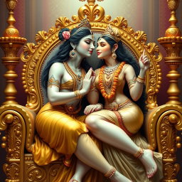 A beautiful Hindu goddess with radiant, divine skin, seated elegantly on a luxurious golden throne adorned with intricate designs