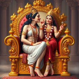 A beautiful Hindu goddess with radiant, divine skin, seated elegantly on a luxurious golden throne adorned with intricate designs