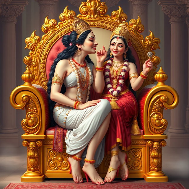 A beautiful Hindu goddess with radiant, divine skin, seated elegantly on a luxurious golden throne adorned with intricate designs