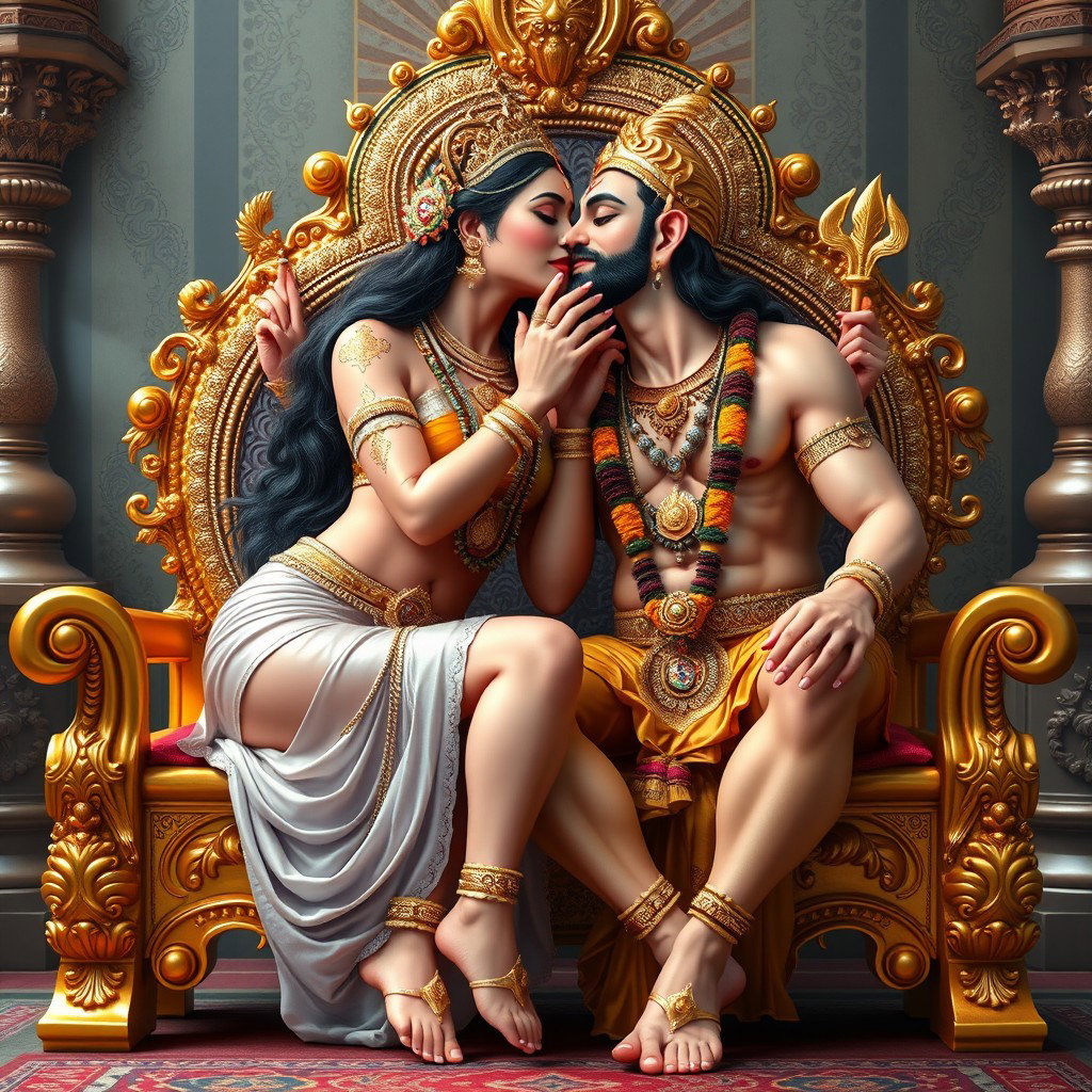 A stunning Hindu goddess with radiant, divine skin, seated gracefully on an ornate golden throne