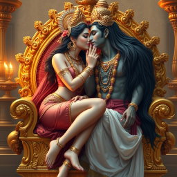 A stunning Hindu goddess with radiant, divine skin, seated gracefully on an ornate golden throne