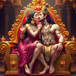 A stunning Hindu goddess with radiant, divine skin, seated gracefully on an ornate golden throne
