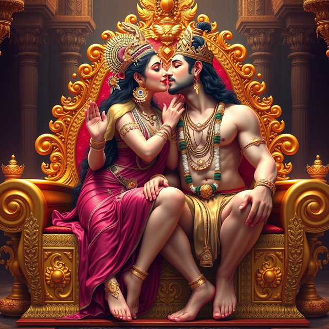 A stunning Hindu goddess with radiant, divine skin, seated gracefully on an ornate golden throne
