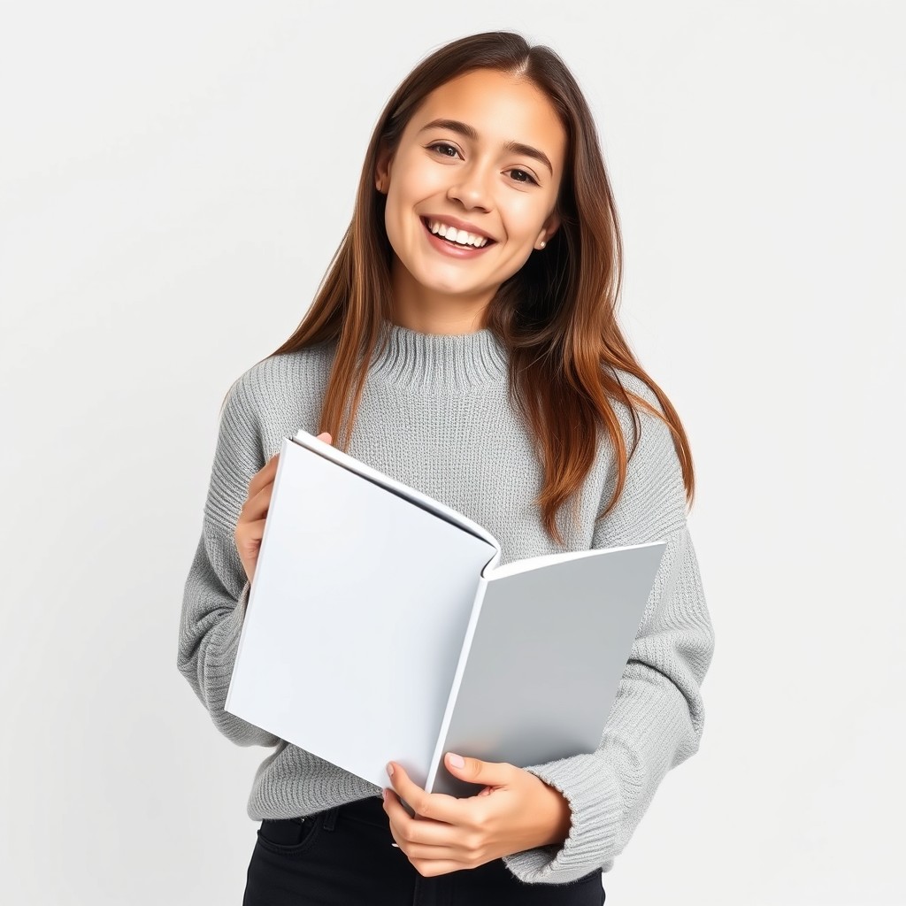 A studio portrait of a white Brazilian teenage girl, smiling and looking into the camera as if surprised by the photo