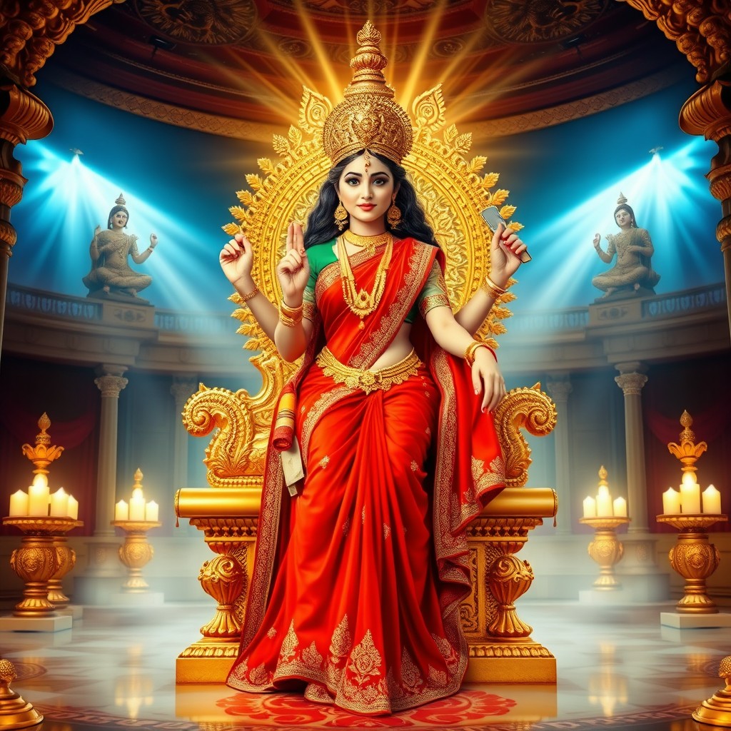 A beautiful Devi adorned in a stunning red saree, showcasing her divine navel, elegantly seated on a magnificent golden throne
