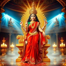 A beautiful Devi adorned in a stunning red saree, showcasing her divine navel, elegantly seated on a magnificent golden throne