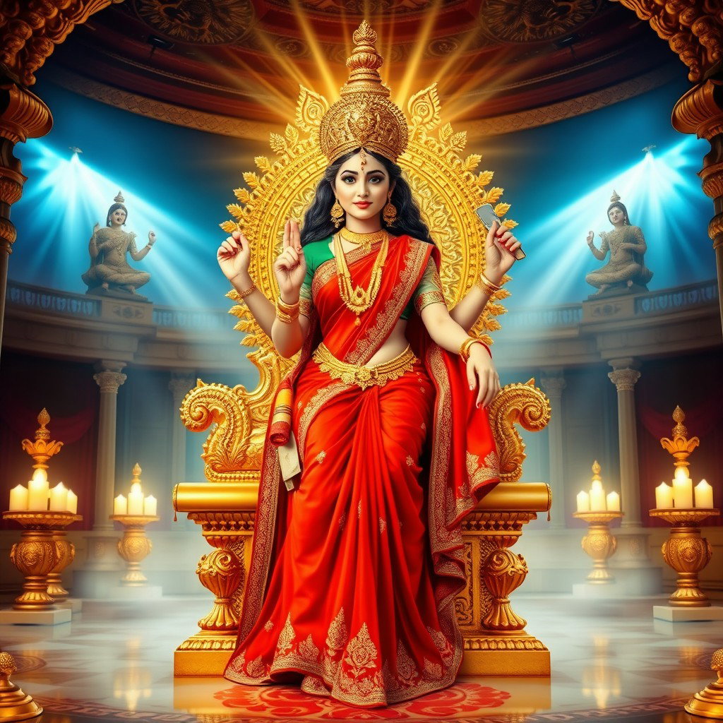 A beautiful Devi adorned in a stunning red saree, showcasing her divine navel, elegantly seated on a magnificent golden throne
