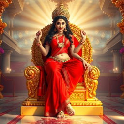 A beautiful Devi adorned in a stunning red saree, showcasing her divine navel, elegantly seated on a magnificent golden throne