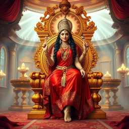 A beautiful Devi adorned in a stunning red saree, showcasing her divine navel, elegantly seated on a magnificent golden throne