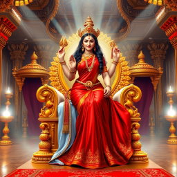 A beautiful Devi adorned in a stunning red saree, showcasing her divine navel, elegantly seated on a magnificent golden throne