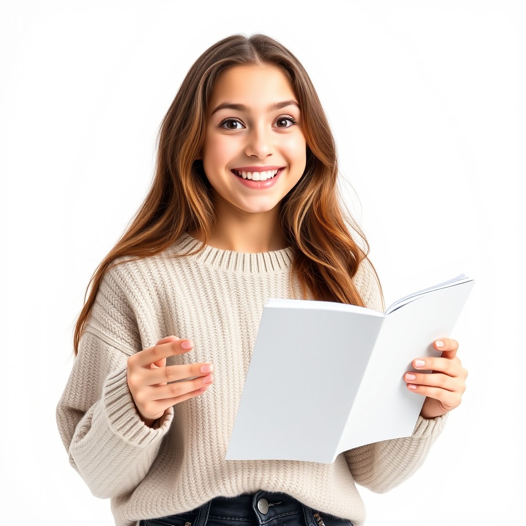 A studio photograph featuring a smiling white teenage girl around 14 years old with Brazilian features, holding a small open magazine (the magazine's cover is blank, like a mockup) and looking surprised at the camera