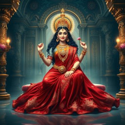 A stunning depiction of a beautiful Devi seated gracefully in a lavish palace in Swarglok, wearing an exquisite red saree that flows elegantly around her