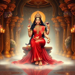 A stunning depiction of a beautiful Devi seated gracefully in a lavish palace in Swarglok, wearing an exquisite red saree that flows elegantly around her