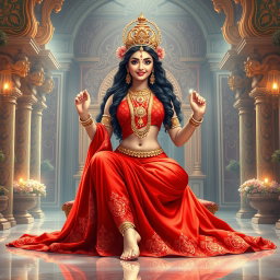 A stunning depiction of a beautiful Devi seated gracefully in a lavish palace in Swarglok, wearing an exquisite red saree that flows elegantly around her