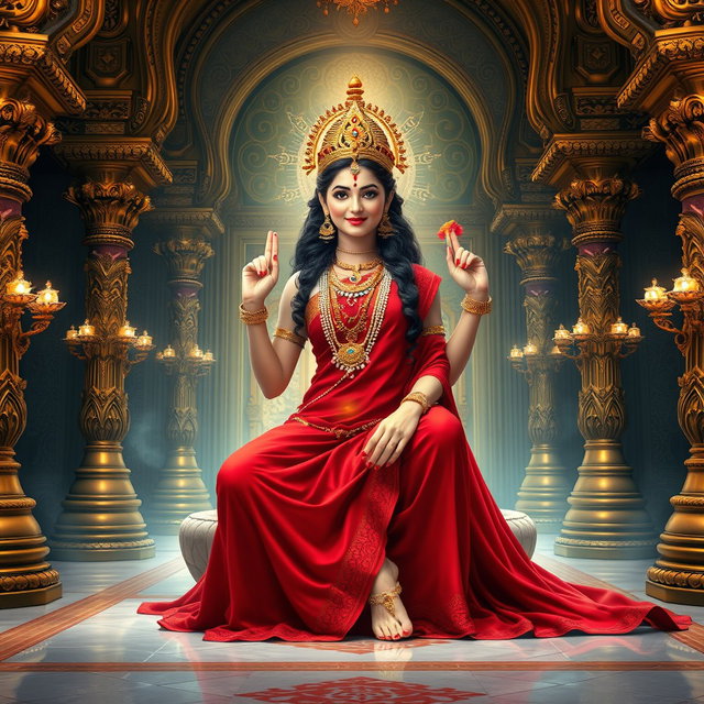 A stunning depiction of a beautiful Devi seated gracefully in a lavish palace in Swarglok, wearing an exquisite red saree that flows elegantly around her
