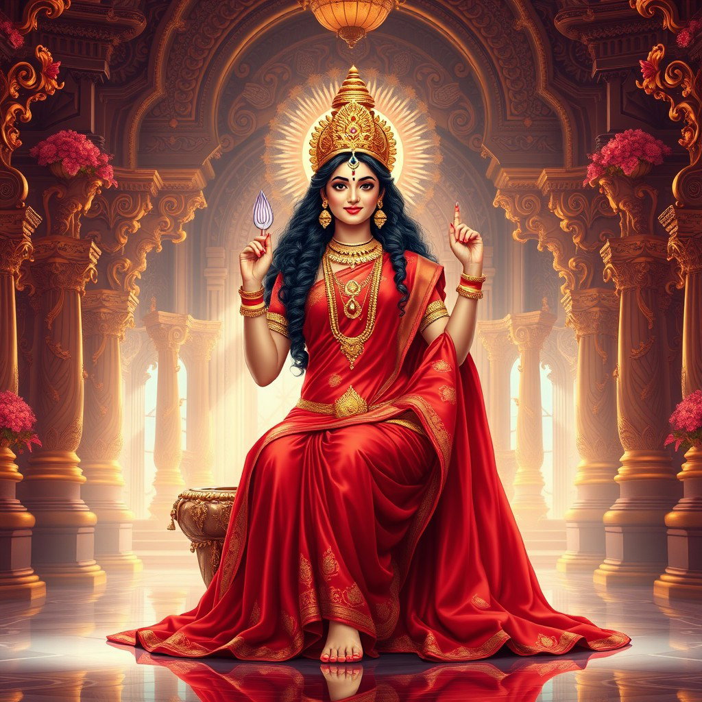 A beautiful depiction of a divine Devi seated gracefully in a luxurious palace in Swarglok, dressed in an exquisite red saree that elegantly accentuates her figure