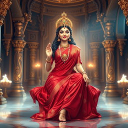 A beautiful depiction of a divine Devi seated gracefully in a luxurious palace in Swarglok, dressed in an exquisite red saree that elegantly accentuates her figure