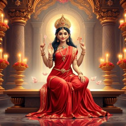 A beautiful depiction of a divine Devi seated gracefully in a luxurious palace in Swarglok, dressed in an exquisite red saree that elegantly accentuates her figure