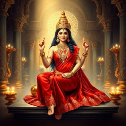 A beautiful depiction of a divine Devi seated gracefully in a luxurious palace in Swarglok, dressed in an exquisite red saree that elegantly accentuates her figure