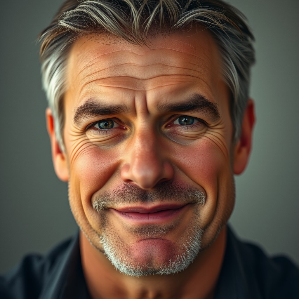 A close-up portrait of a middle-aged man with a strong jawline, showcasing defined facial features and a wise expression