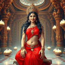 A beautiful divine figure, resembling a goddess, gracefully seated in a magnificent palace in Swarglok, adorned in a vibrant red saree