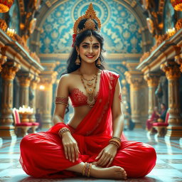 A beautiful divine figure, resembling a goddess, gracefully seated in a magnificent palace in Swarglok, adorned in a vibrant red saree