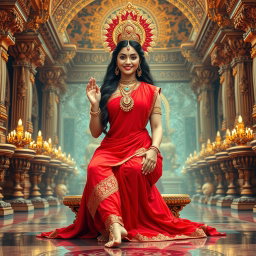 A beautiful divine figure, resembling a goddess, gracefully seated in a magnificent palace in Swarglok, adorned in a vibrant red saree