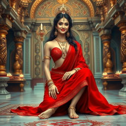A beautiful divine figure, resembling a goddess, gracefully seated in a magnificent palace in Swarglok, adorned in a vibrant red saree