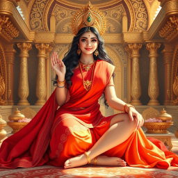 A beautiful divine figure, resembling a goddess, seated elegantly in a grand palace in Swarglok, adorned in a rich red saree