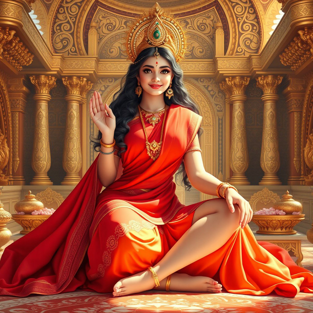 A beautiful divine figure, resembling a goddess, seated elegantly in a grand palace in Swarglok, adorned in a rich red saree