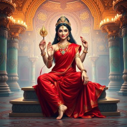 A beautiful divine figure, resembling a goddess, seated elegantly in a grand palace in Swarglok, adorned in a rich red saree
