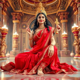 A beautiful divine figure, resembling a goddess, seated elegantly in a grand palace in Swarglok, adorned in a rich red saree