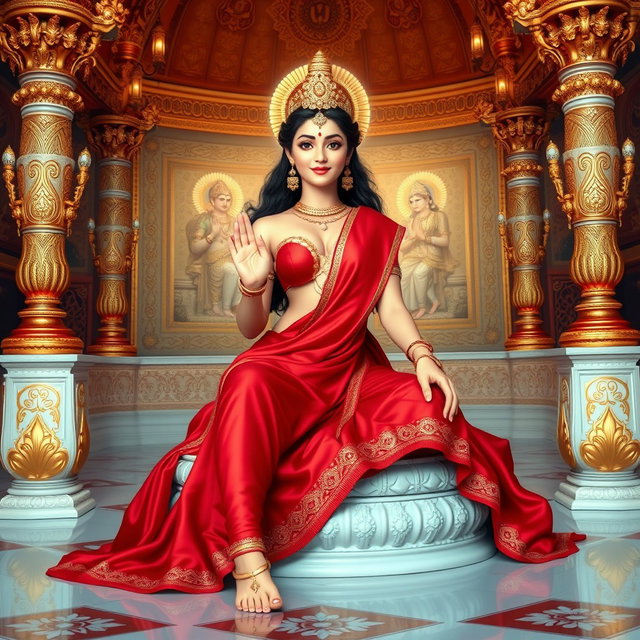 A beautiful divine figure, resembling a goddess, seated elegantly in a grand palace in Swarglok, adorned in a rich red saree