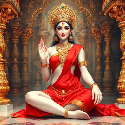 A stunningly beautiful divine figure with a milk-glow skin tone, resembling a goddess, gracefully seated in an opulent palace in Swarglok