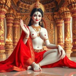 A stunningly beautiful divine figure with a milk-glow skin tone, resembling a goddess, gracefully seated in an opulent palace in Swarglok