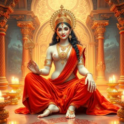 A stunningly beautiful divine figure with a milk-glow skin tone, resembling a goddess, gracefully seated in an opulent palace in Swarglok
