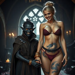 Inside a medieval room, a malevolent and emaciated black woman around 30 years old stands at a low height with entirely black skin