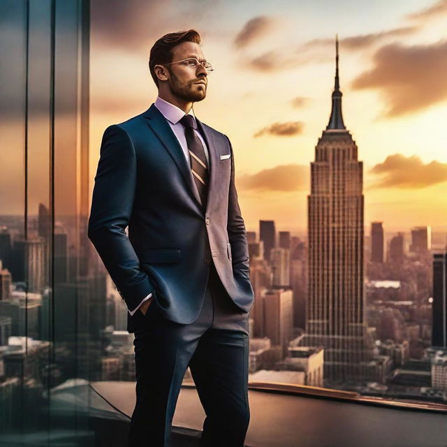 A successful man dressed in an expensive tailored suit, standing on top of a skyscraper with the cityscape below him under a vibrant sunset sky.