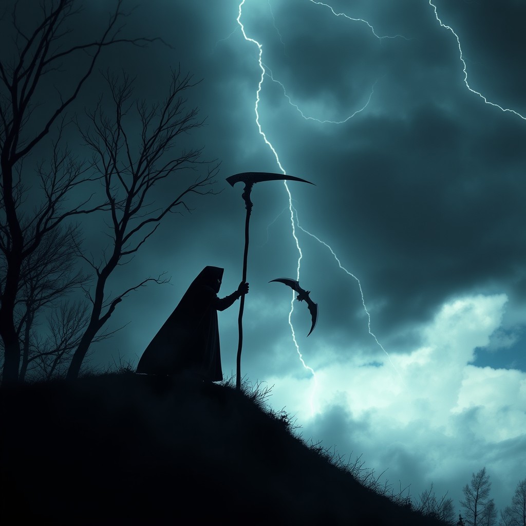 A dramatic scene depicting the concept of death, featuring a mysterious cloaked figure standing atop a hill against a stormy sky