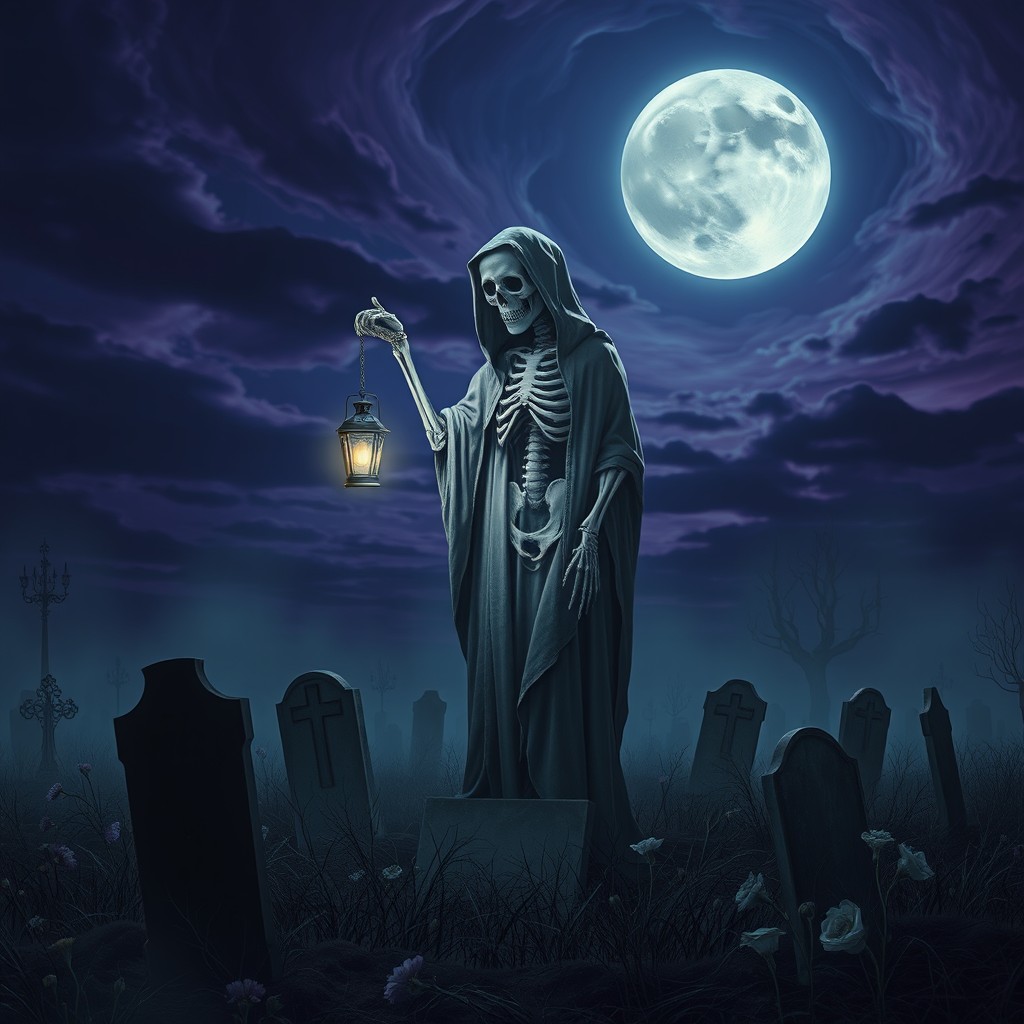 A hauntingly beautiful representation of death, featuring a skeletal figure cloaked in flowing robes, standing alone in a desolate graveyard at twilight
