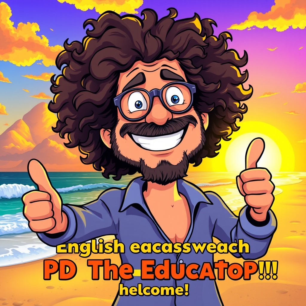 A vibrant cartoon poster for a movie featuring a chilled, groovy cool 70s dude with loads of curly hair and pearly white teeth, giving a thumbs up and radiating positive vibes