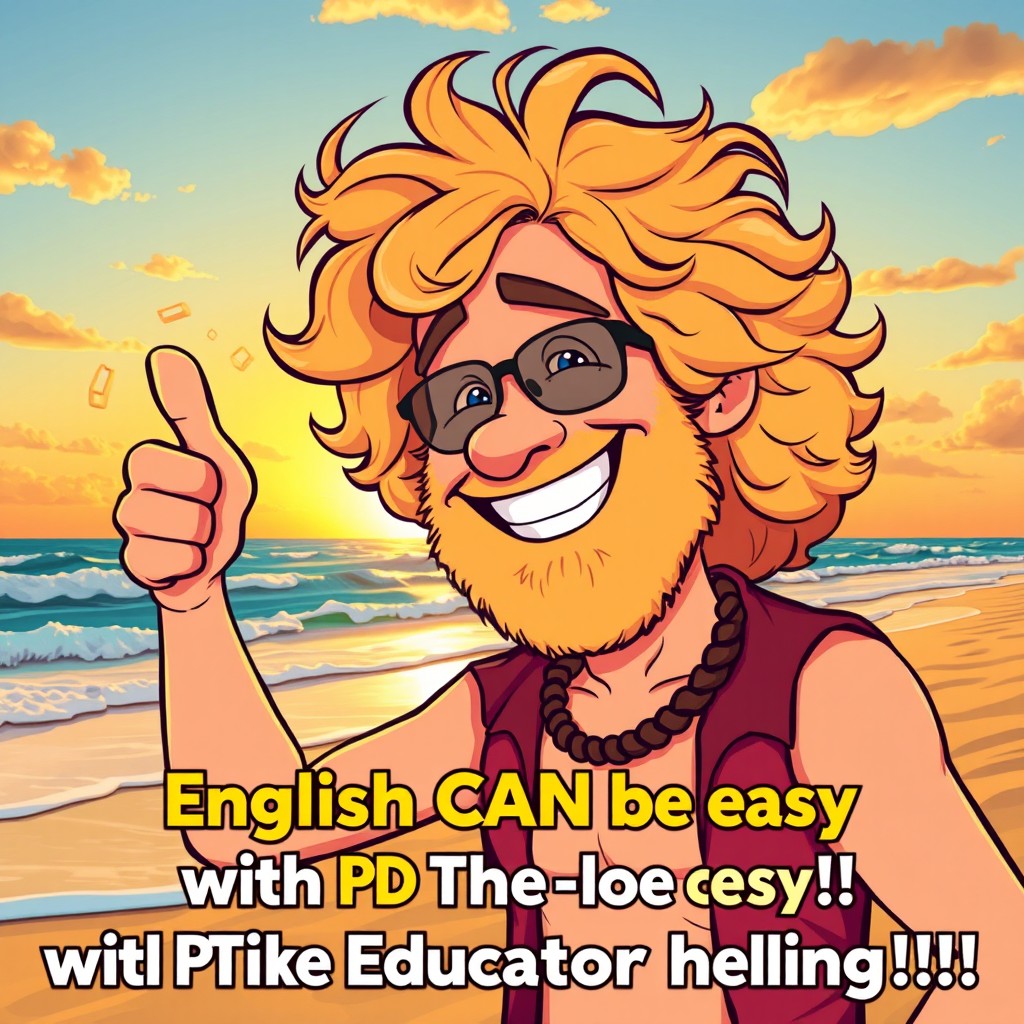 A lively cartoon poster for a movie featuring a chilled, groovy cool 70s dude with loads of curly golden hair (without a beard) and pearly white teeth, giving a thumbs up and radiating positive vibes