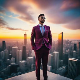 A successful man dressed in an expensive tailored suit, standing on top of a skyscraper with the cityscape below him under a vibrant sunset sky.