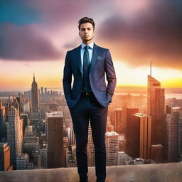 A successful man dressed in an expensive tailored suit, standing on top of a skyscraper with the cityscape below him under a vibrant sunset sky.